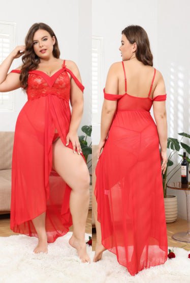 Red off shoulder sheer lace long chemise