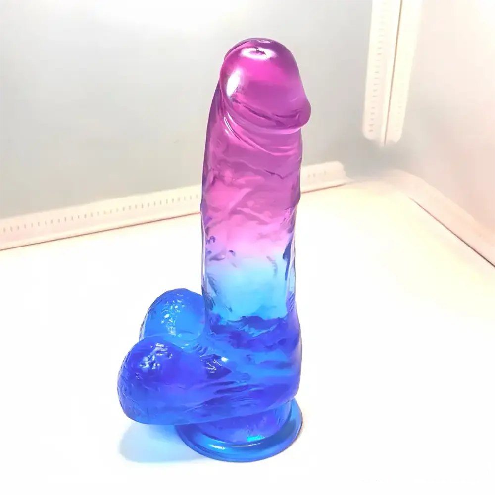 Pink to blue ombre TPE realistic dildo with suction cup base, photo 1