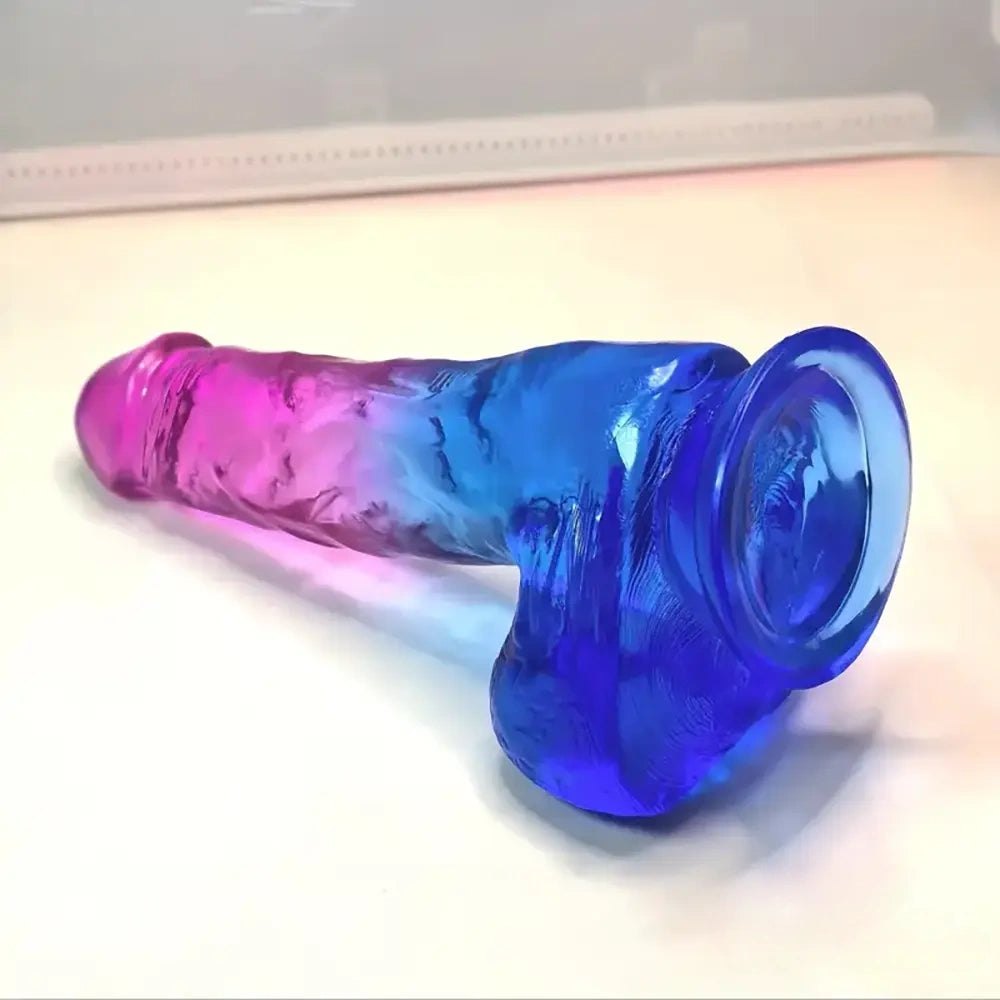 Pink to blue ombre TPE realistic dildo with suction cup base, photo 2