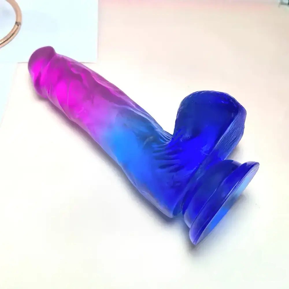 Pink to blue ombre TPE realistic dildo with suction cup base, photo 3