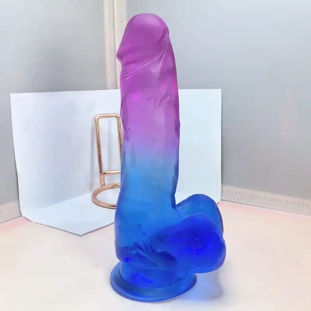 Pink to blue ombre TPE realistic dildo with suction cup base, photo 4