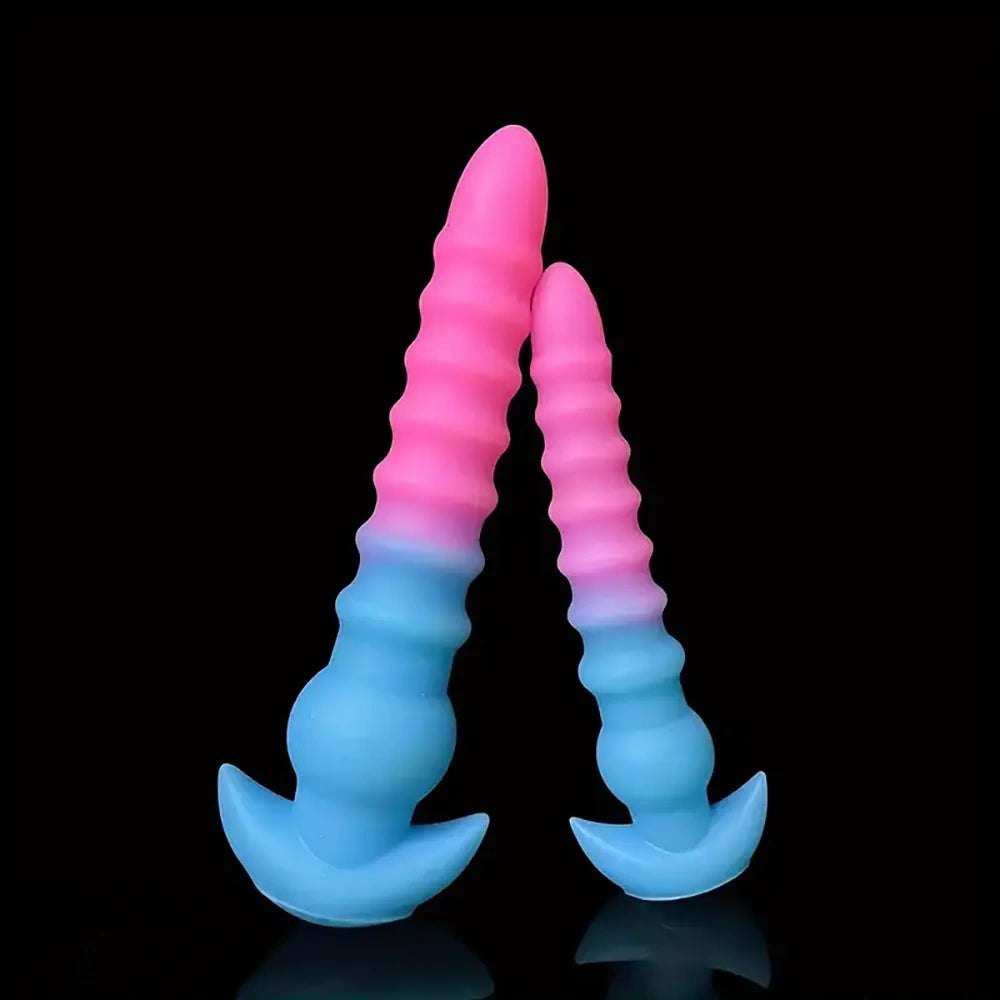 Pink and blue ombre ribbed silicone anal plug, photo 1