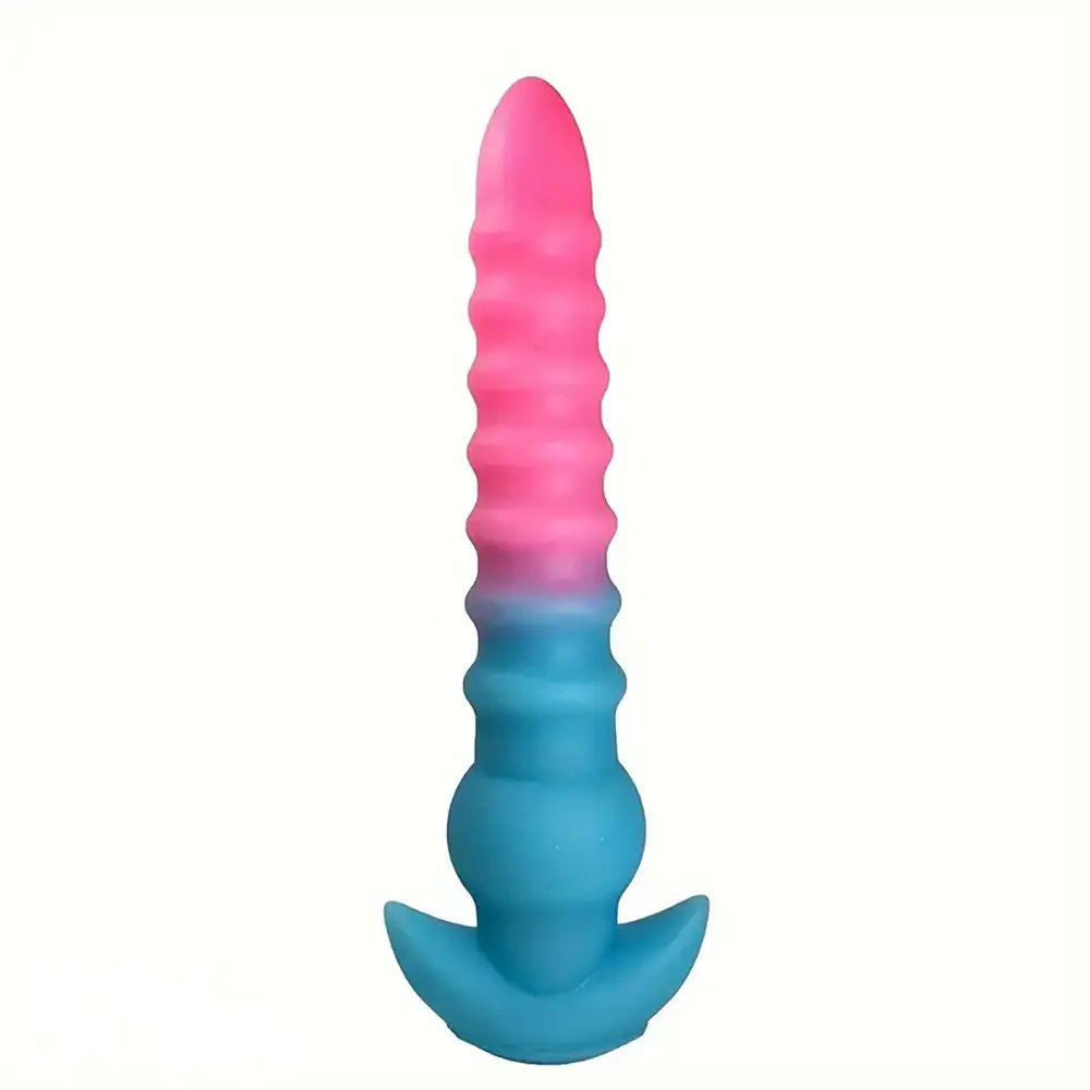 Pink and blue ombre ribbed silicone anal plug, photo 2