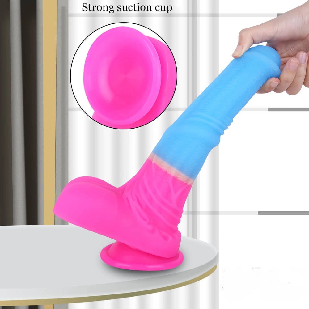 Blue to pink ombre liquid silicone realistic dildo, photo 6