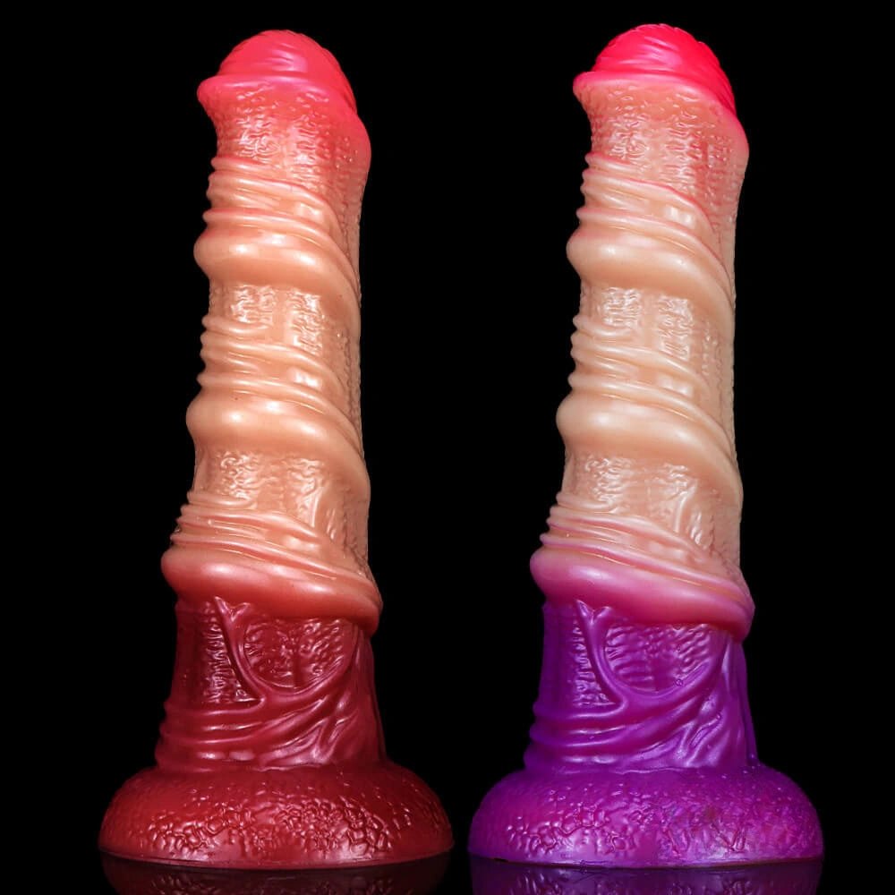 Ombre silicone knot dildo with spiral texture and flared base, photo 1