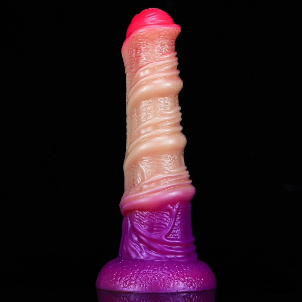 Ombre silicone knot dildo with spiral texture and flared base, photo 5