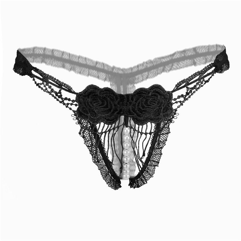 Black open crotch embroidered thong