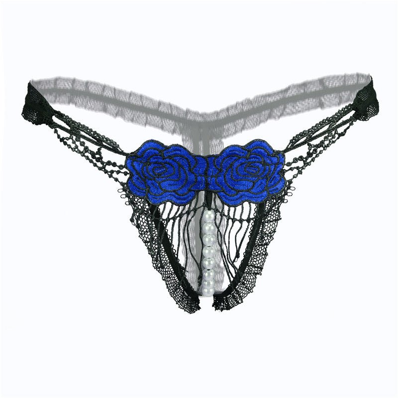 Blue open crotch embroidered thong