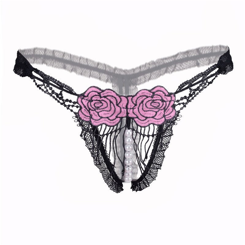 Pink open crotch embroidered thong