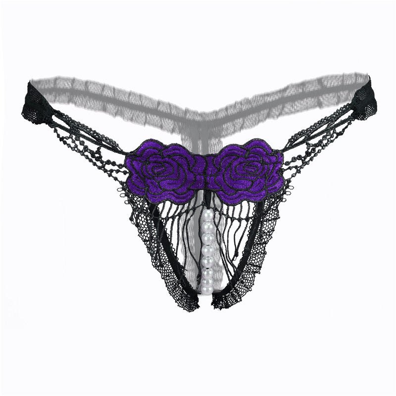 Purple open crotch embroidered thong