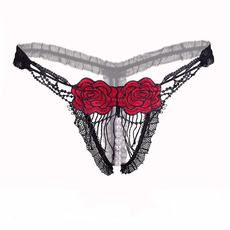 Red open crotch embroidered thong