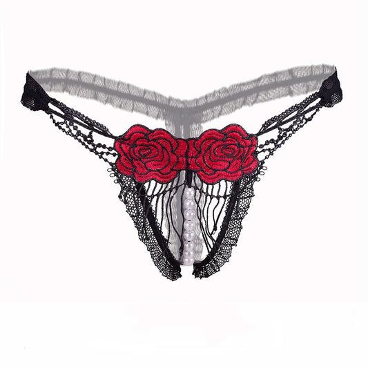 Red open crotch embroidered thong