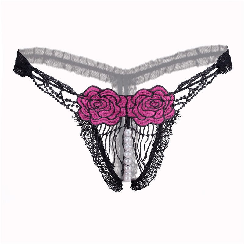 Rose Red open crotch embroidered thong