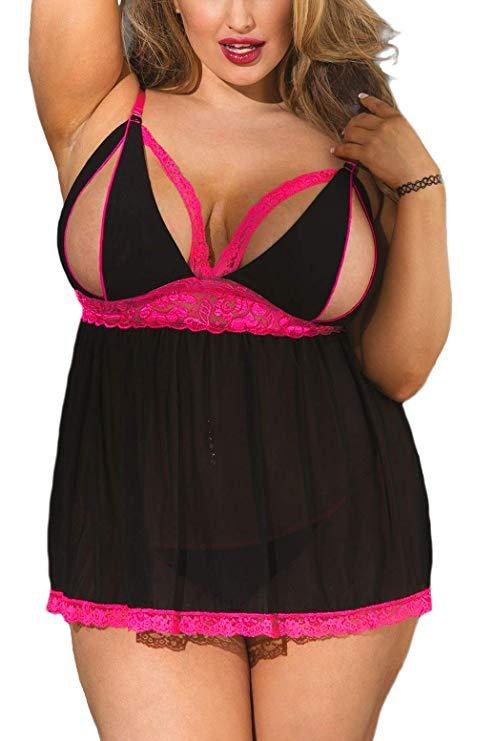 Black open cup sheer mesh babydoll