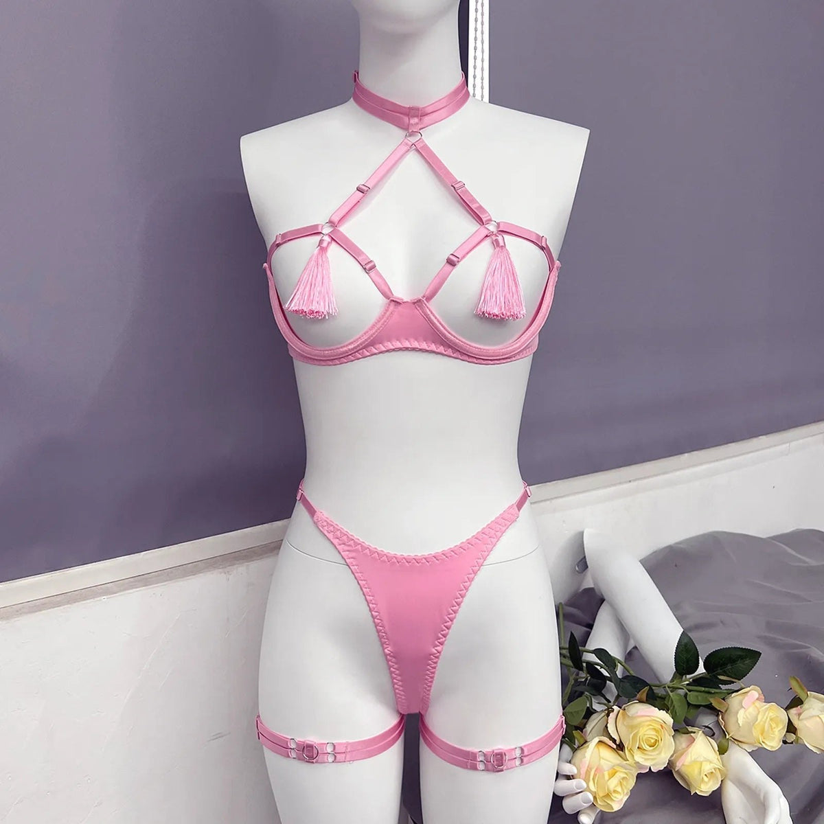 Pink open cup tassel underwire bra