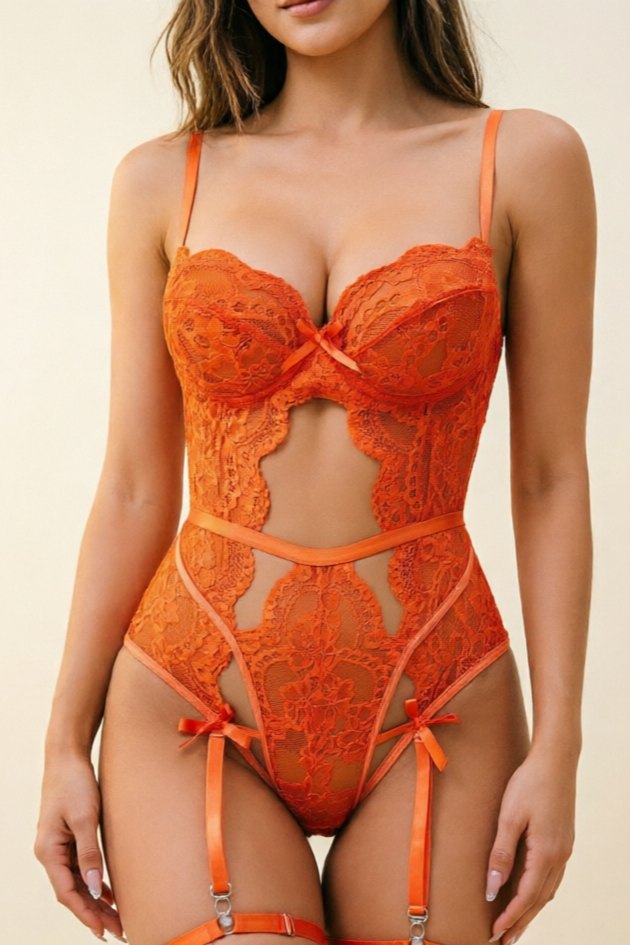 Orange orange lace cutout teddy garter straps