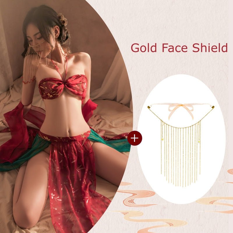Red Suit & Gold Face Shield oriental sheer chiffon dancer roleplay set