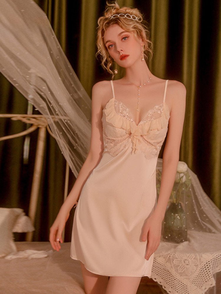 Apricot & Pink padded lace satin nightgown robe set