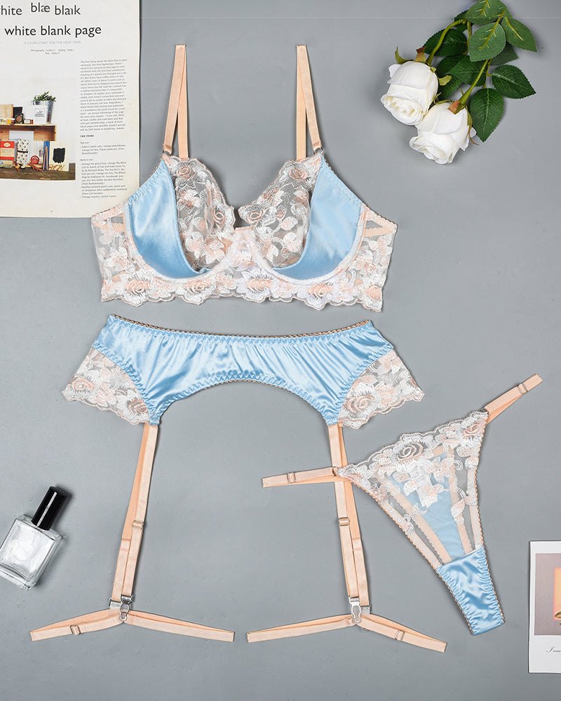 Pastel blue floral lace push up garter set, photo 6