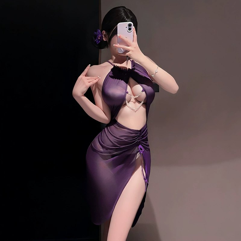 Pearl chain cutout slit nightgown dress, photo 3