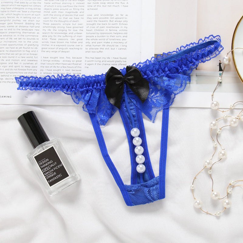 Dark Blue pearl open crotch lace thong