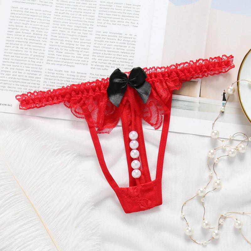 Red pearl open crotch lace thong