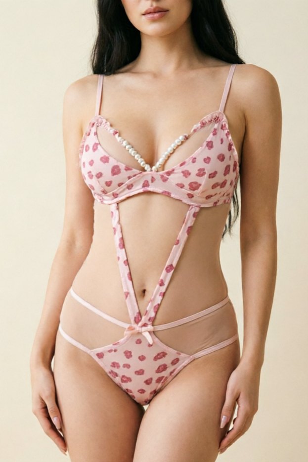 Pink pearl strap lace chemise