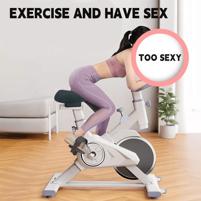 White pedal-powered bicycle sex machine with tan silicone dildo attachment, photo 6