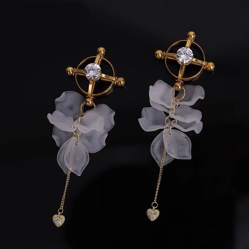 Alloy petal cross nipple clamps with heart chain charm, photo 1