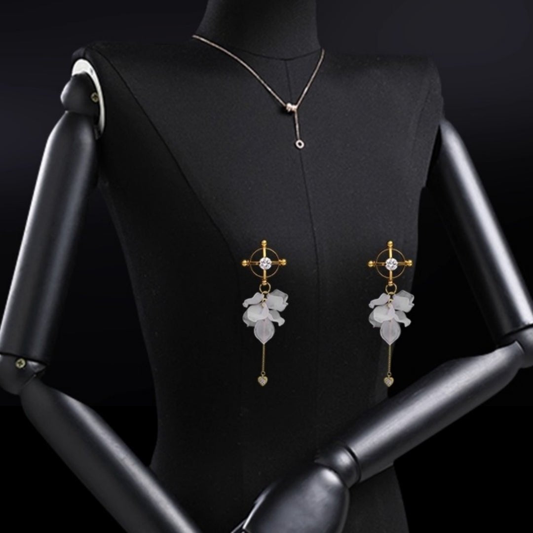 Alloy petal cross nipple clamps with heart chain charm, photo 2
