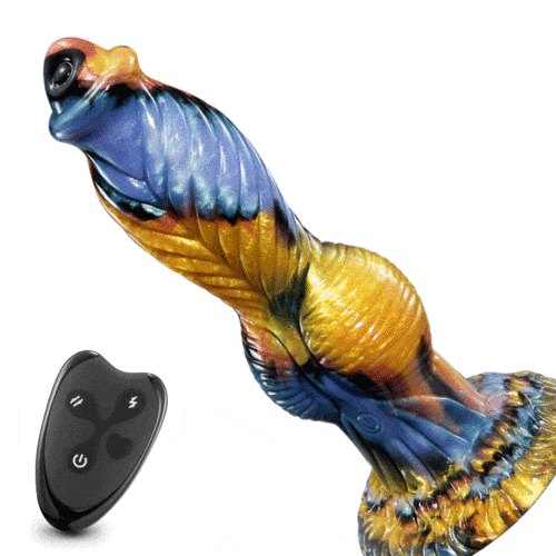 Yellow and Blue blue and gold feathered fantasy dildo