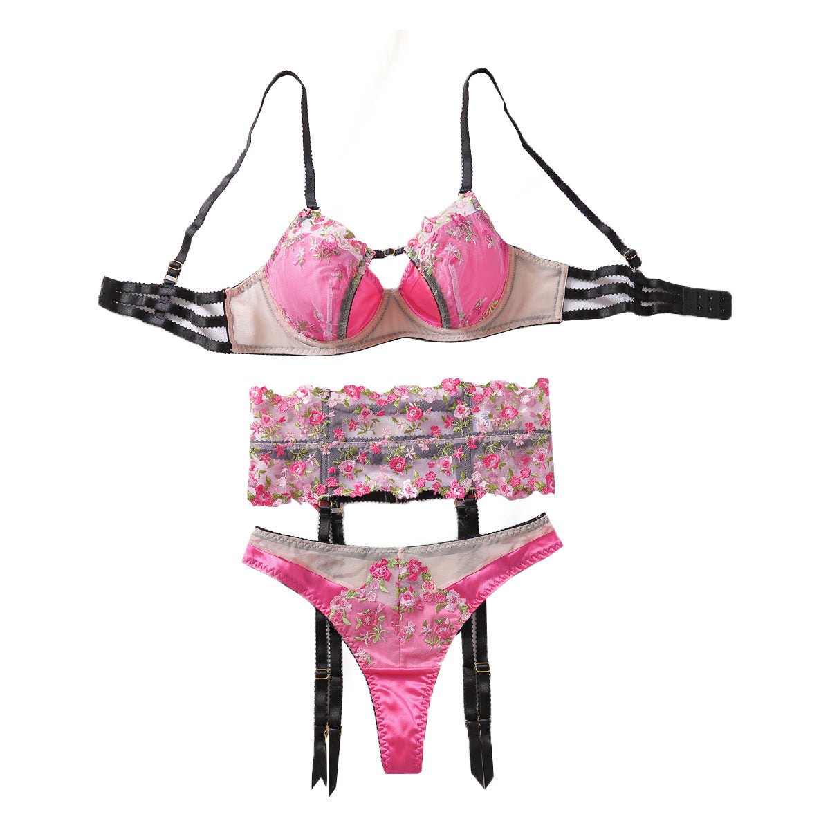Pink floral embroidered garter lingerie set, photo 4