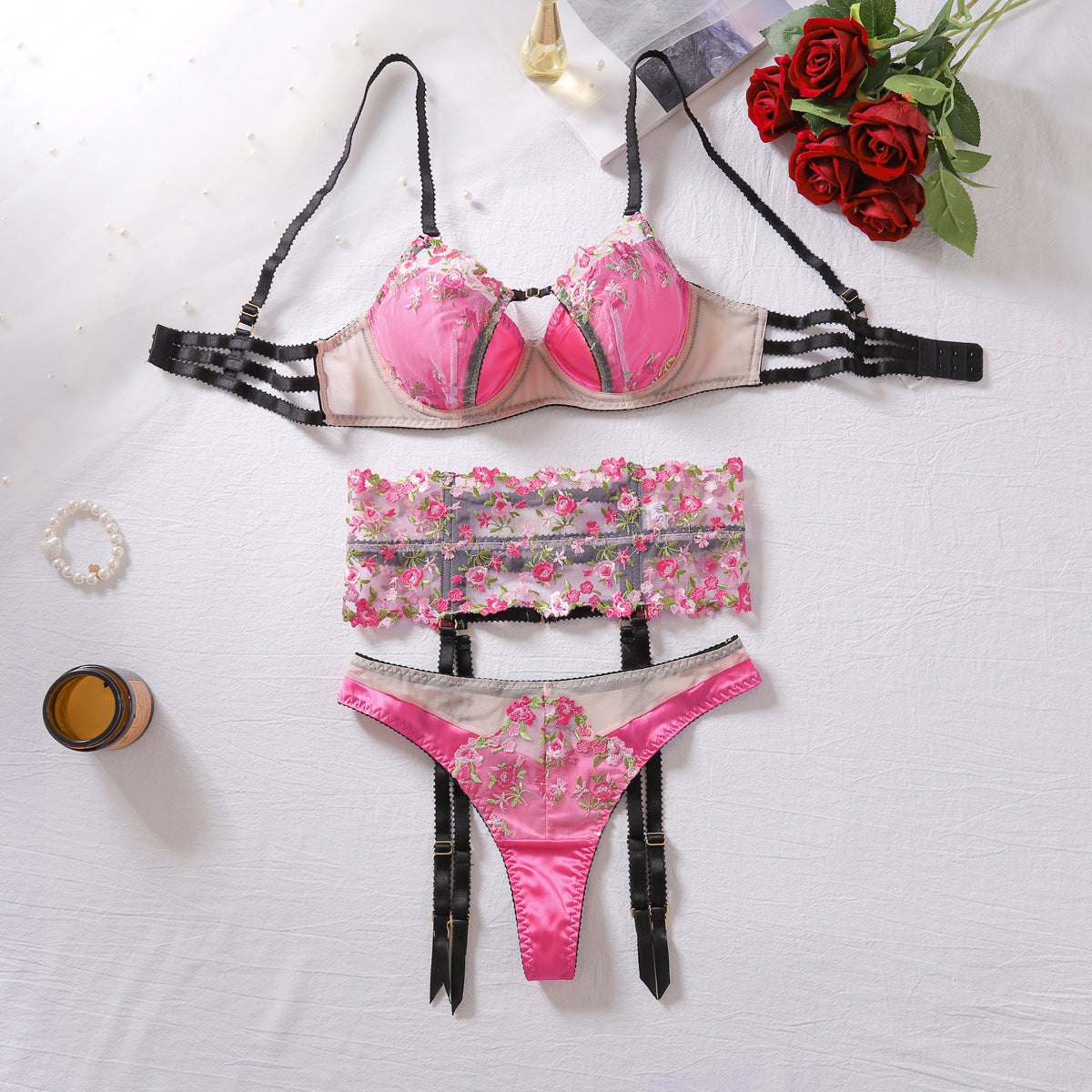 Pink floral embroidered garter lingerie set, photo 5
