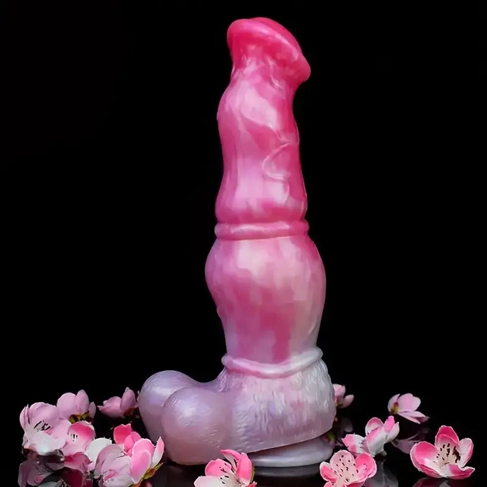 Pink and white marbled knotted silicone horse dildo, photo 1