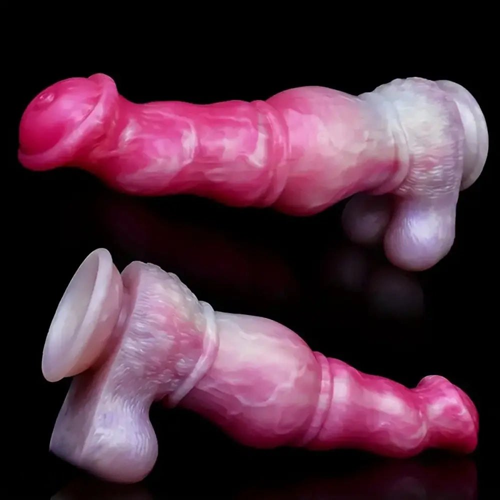 Pink and white marbled knotted silicone horse dildo, photo 10