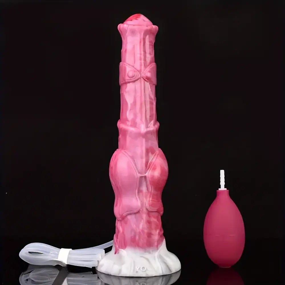 Pink knotted silicone squirting dildo, photo 1