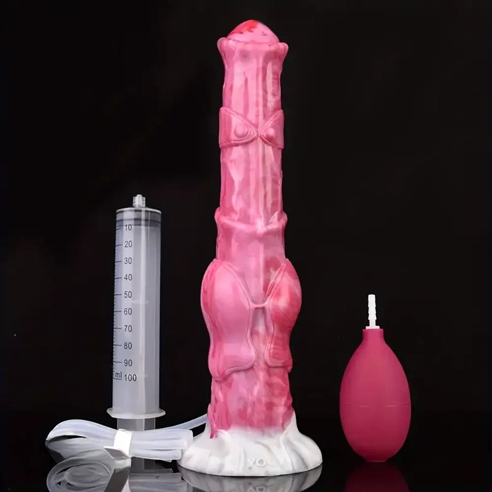 Pink knotted silicone squirting dildo, photo 4