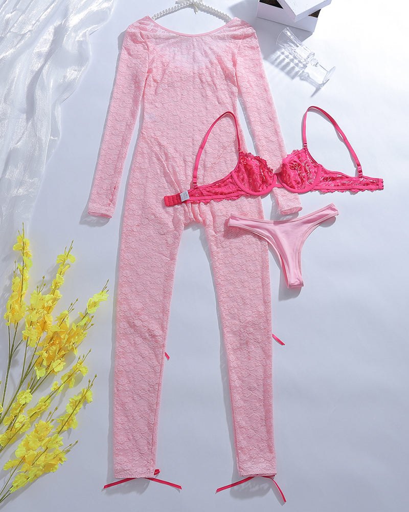 Pink lace bow long sleeve sleepwear set, photo 3