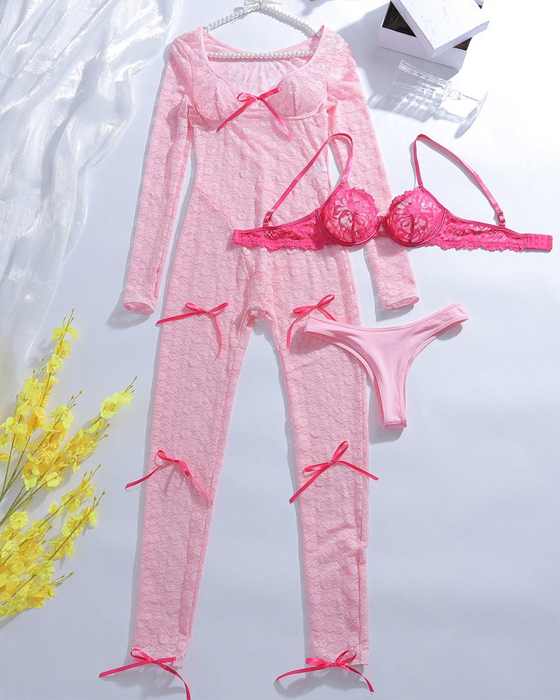 Pink lace bow long sleeve sleepwear set, photo 4
