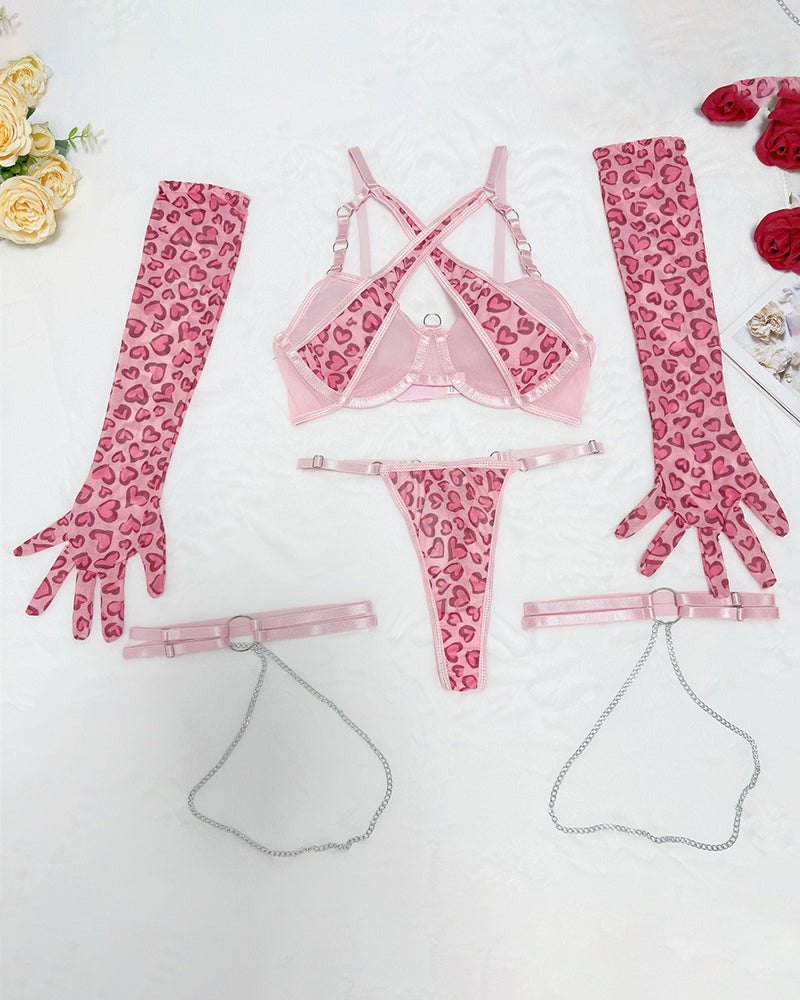 Pink leopard heart print garter set gloves, photo 6
