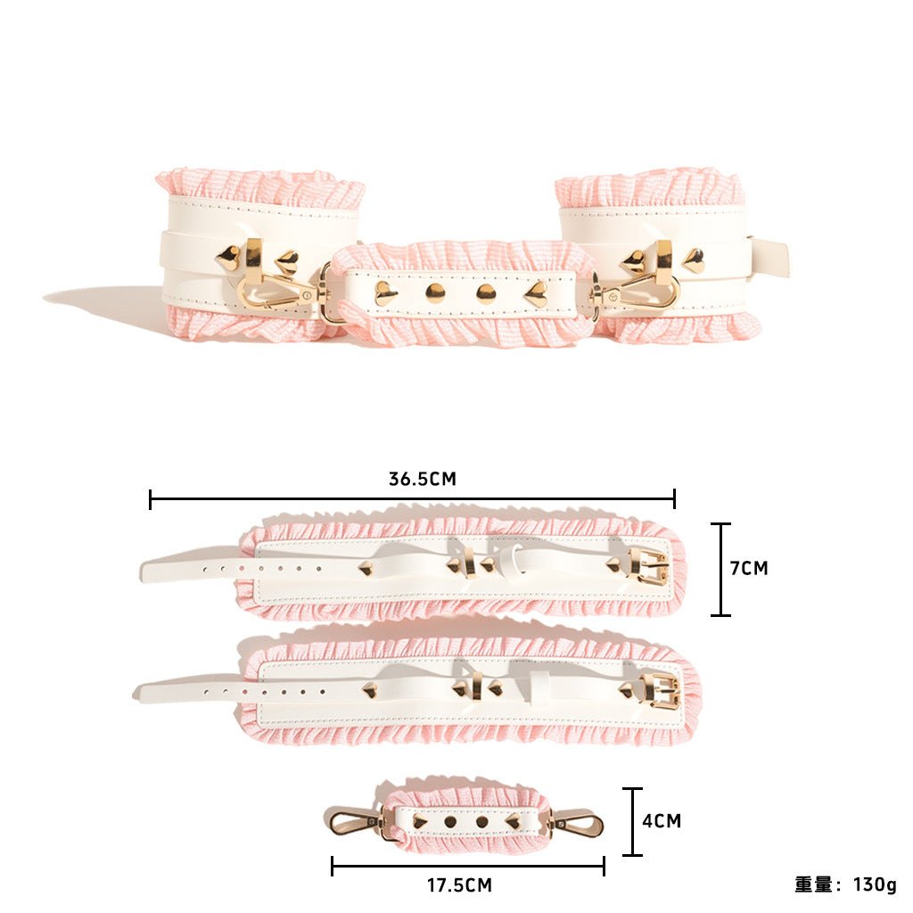 Pink and white 6-piece bondage set with blindfold, cuffs, collar, and paddle, photo 10