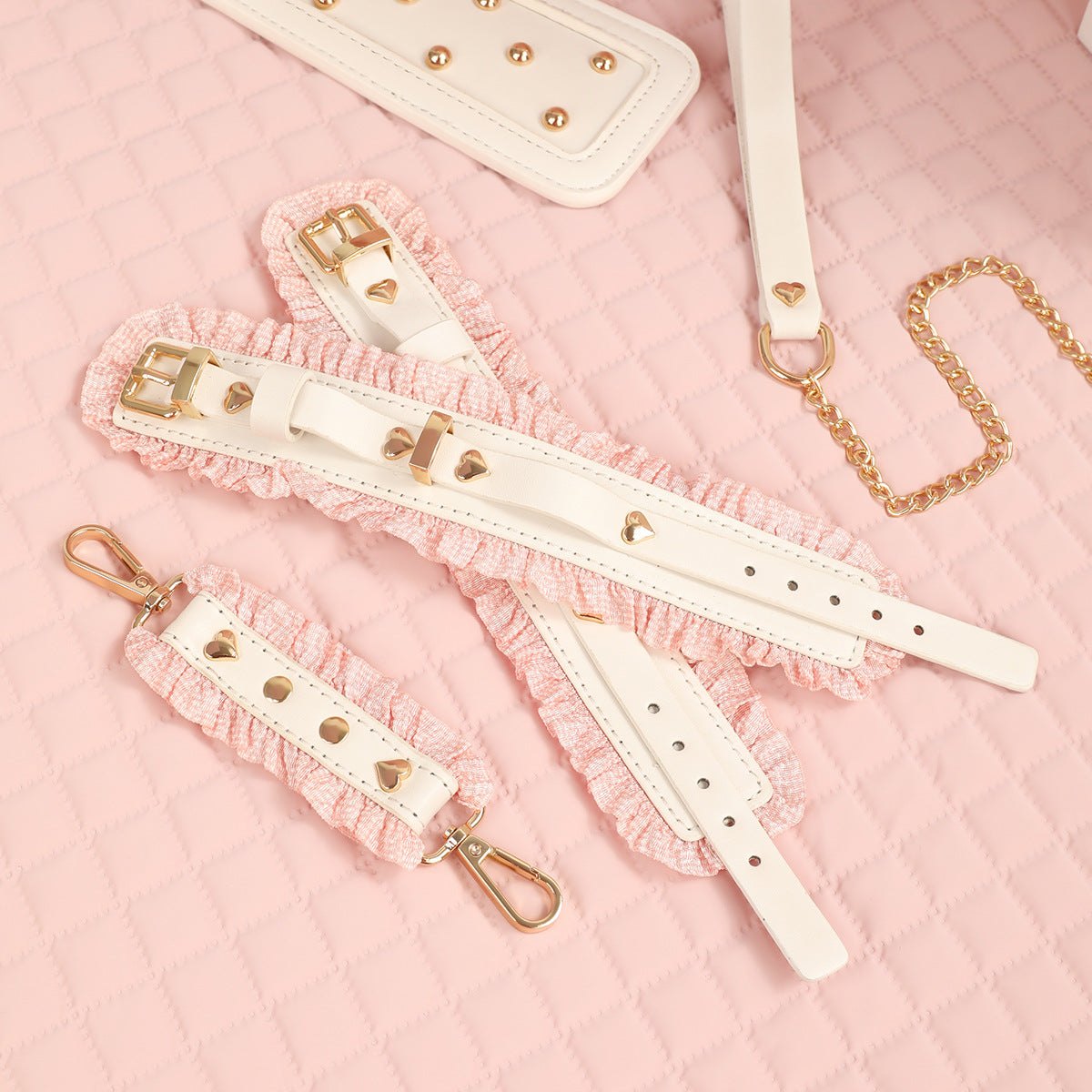 Pink and white 6-piece bondage set with blindfold, cuffs, collar, and paddle, photo 4