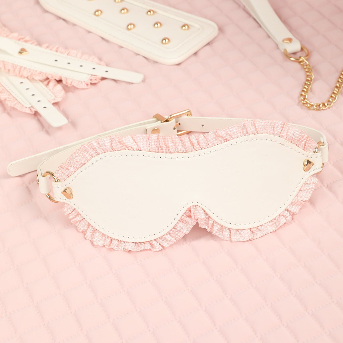 Pink and white 6-piece bondage set with blindfold, cuffs, collar, and paddle, photo 7