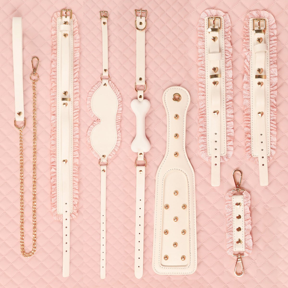 Pink and white 6-piece bondage set with blindfold, cuffs, collar, and paddle, photo 8