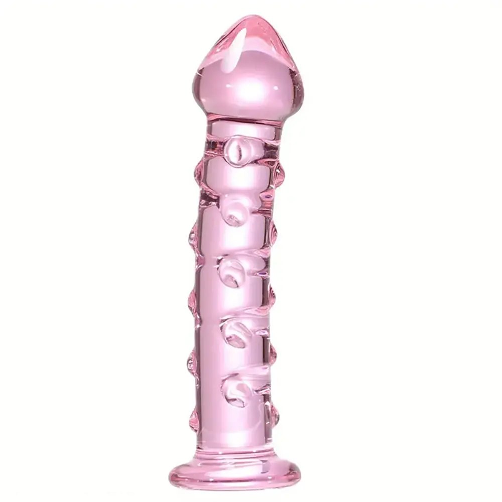 Pink ribbed glass dildo, photo 10