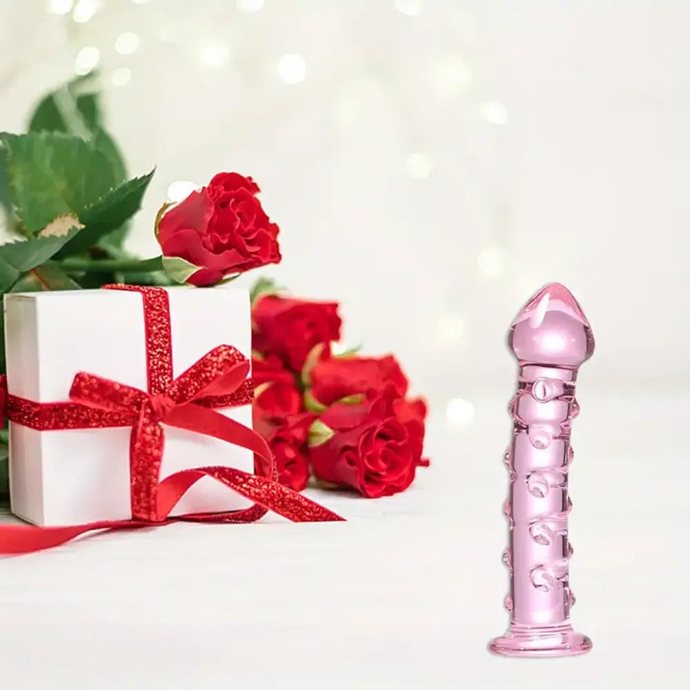 Pink ribbed glass dildo, photo 11