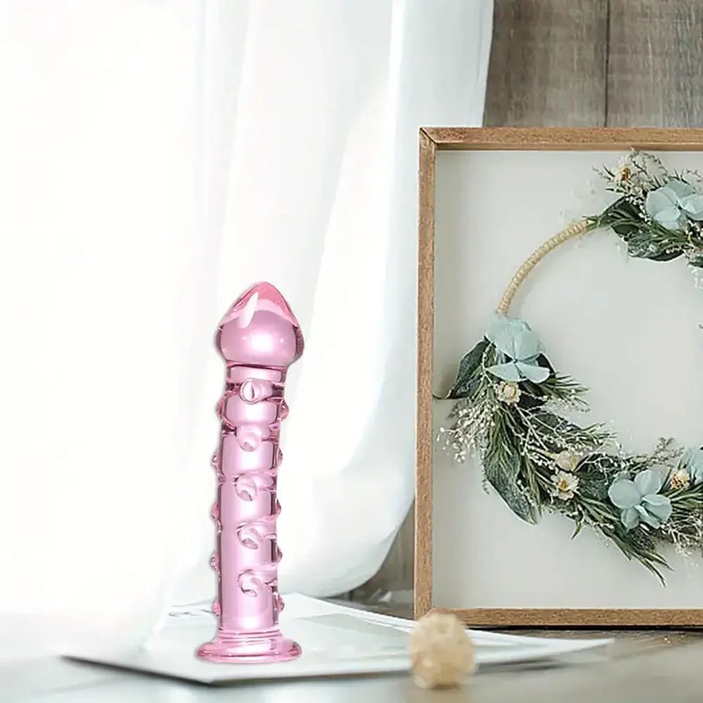 Pink ribbed glass dildo, photo 2