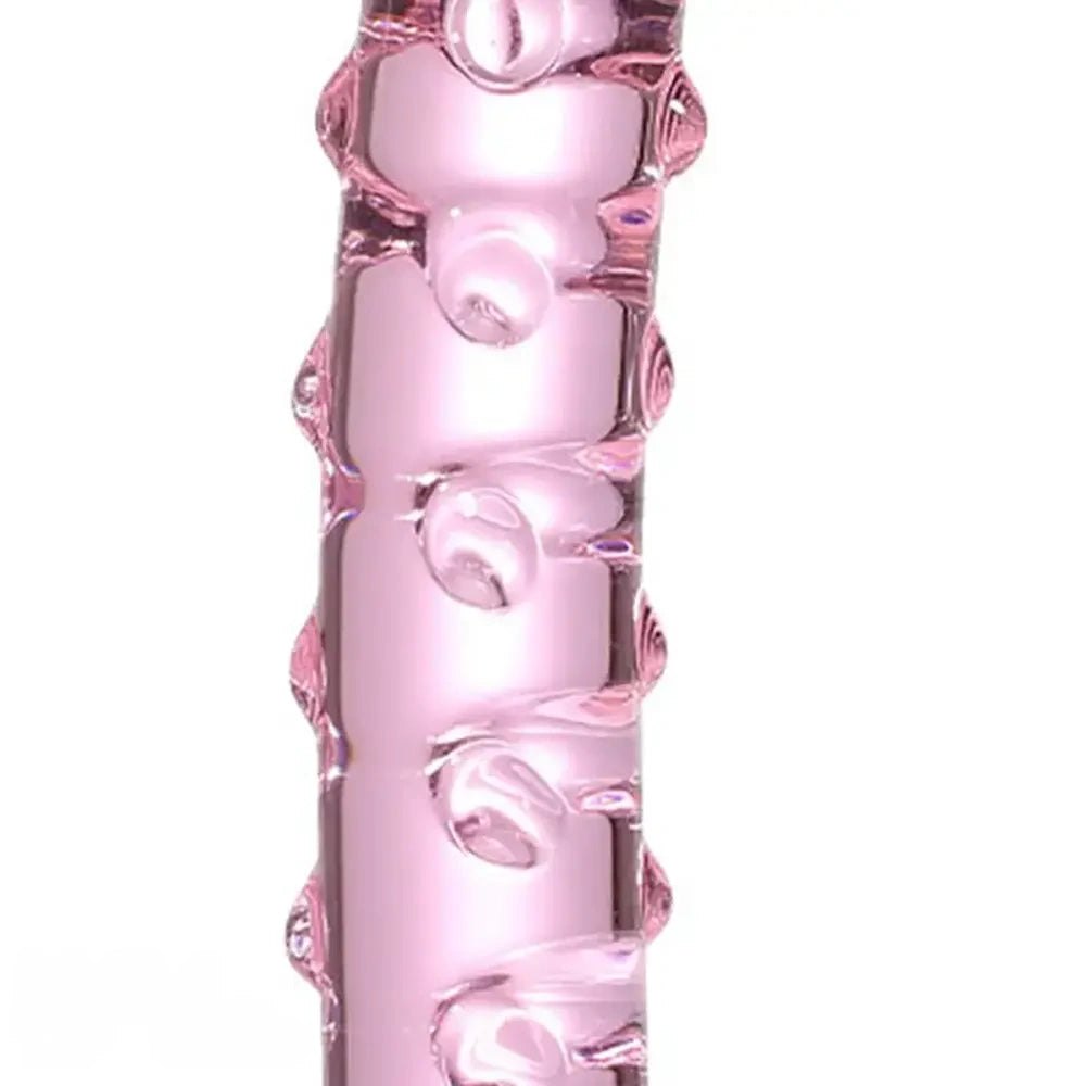 Pink ribbed glass dildo, photo 3