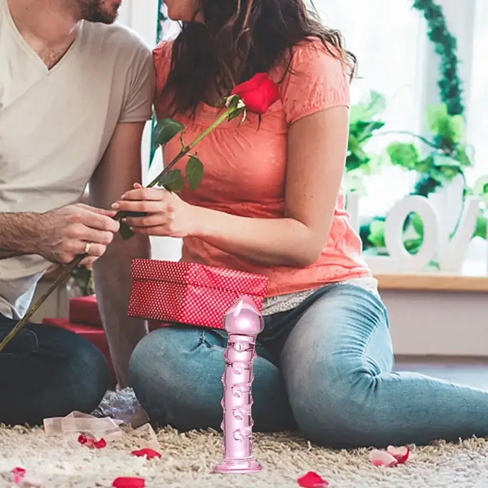 Pink ribbed glass dildo, photo 4