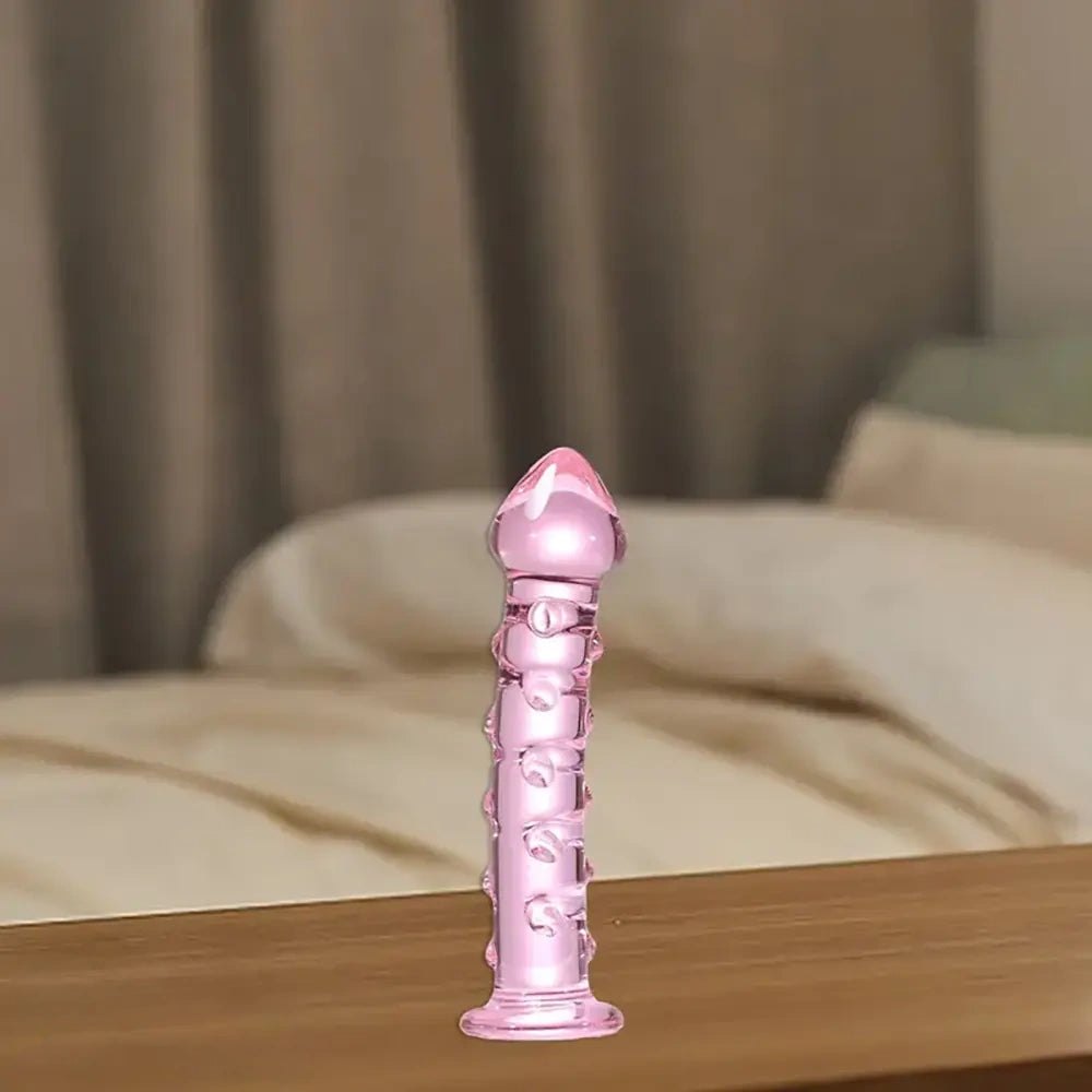 Pink ribbed glass dildo, photo 5